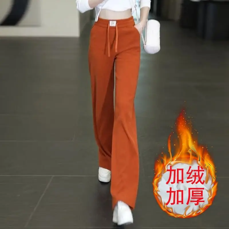 Women's Spring Autumn New Fashion Solid Pocket Drawstring Elastic Strap Casual High Waist Plush Thickened Straight Leg Pants