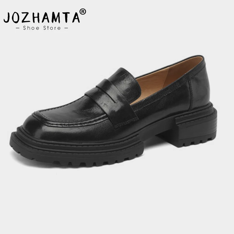 

JOZHAMTA Size 34-40 Women Vintage Loafers Real Leather Platform Pumps Chunky Mid Heels Non-Slip Casual Work Office Dress Shoes