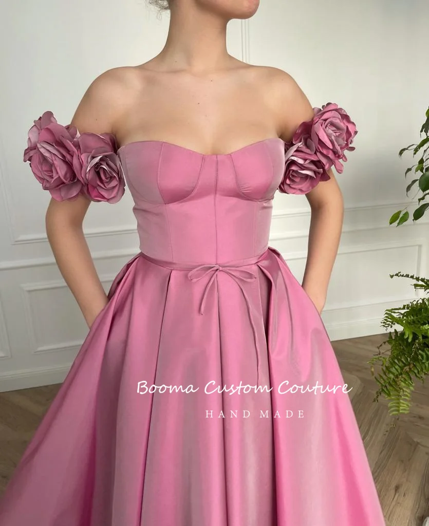 Booma Pink Taffeta Midi Prom Dresses Off the Shoulder Handmade Flowers Slit Tea-Length A-Line Evening Gowns Formal Party Dresses prom gowns