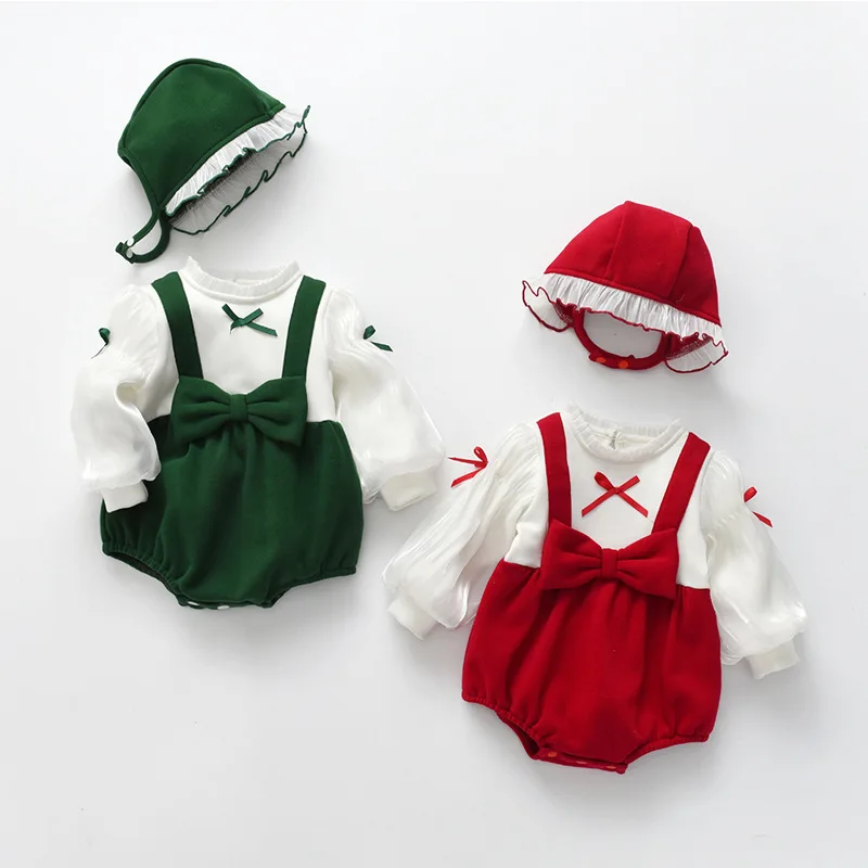 

2023 Autumn Winter Baby Girls Rompers Cotton Plus Velvet Strappy Knotbow Infant Girls Bodysuit With Hat Newborn Girls Outfits