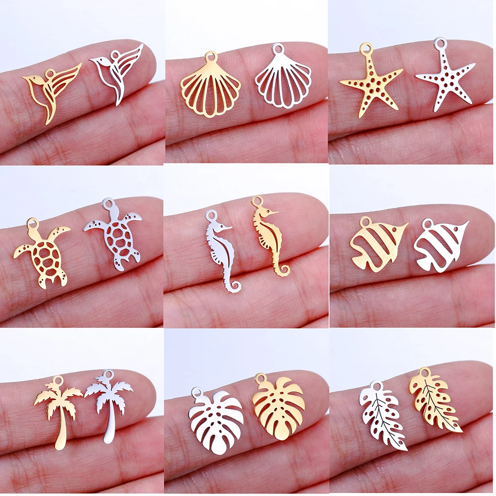 Stainless Steel Tropical Marine Life Seahorse＆Sea Turtle＆Starfish＆Shell Charms Pendant DIY Jewelry Accessories 5pcs stainless steel charms