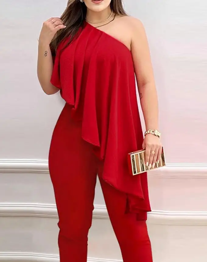 Women's Party Jumpsuit 2024 Spring Summer Latest Sexy One Shoulder Asymmetrical Ruffles Romper Wedding Guest Sleeveless Bodysuit