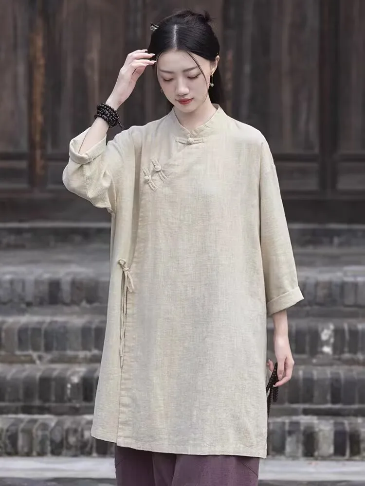 Chinese Style Retro Cotton and Linen Tops China Traditional Clothing Women Mid-length Shirt Vintage Solid Color