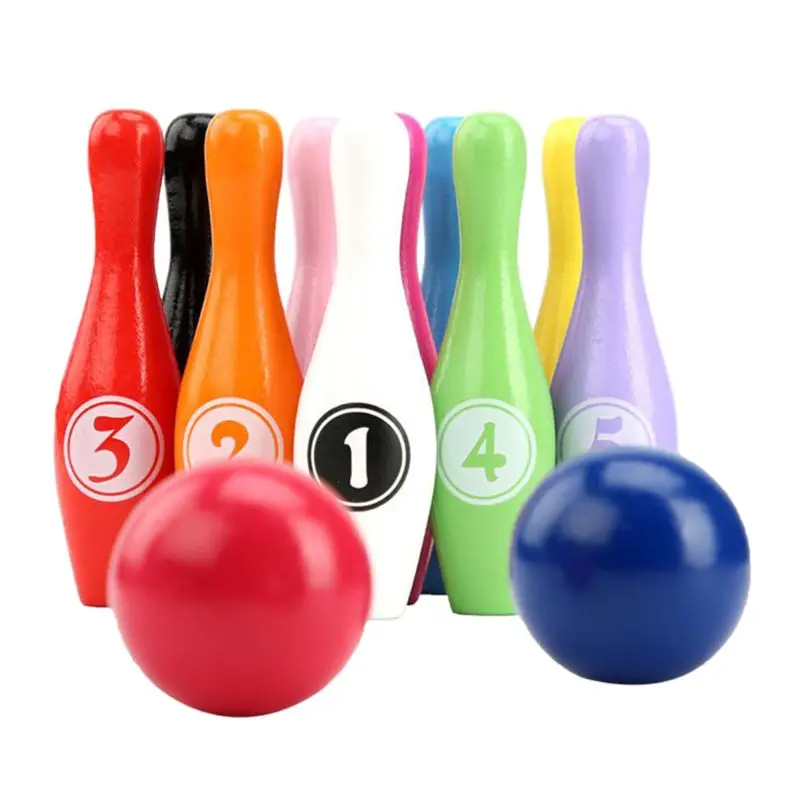 12 Pieces Wooden Color Bowling Set 10 Pins 2 Ball Bowling Game Outdoor Sport Toy