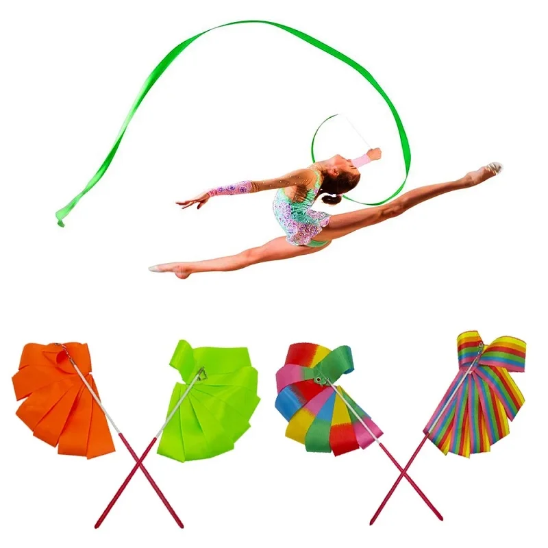 Gymnastics Ribbon 2M/4M Colorful Gym Ribbons Dance Ribbon Rhythmic Art Gymnastic Ballet Streamer Twirling Rod Stick For Gym Training Professional