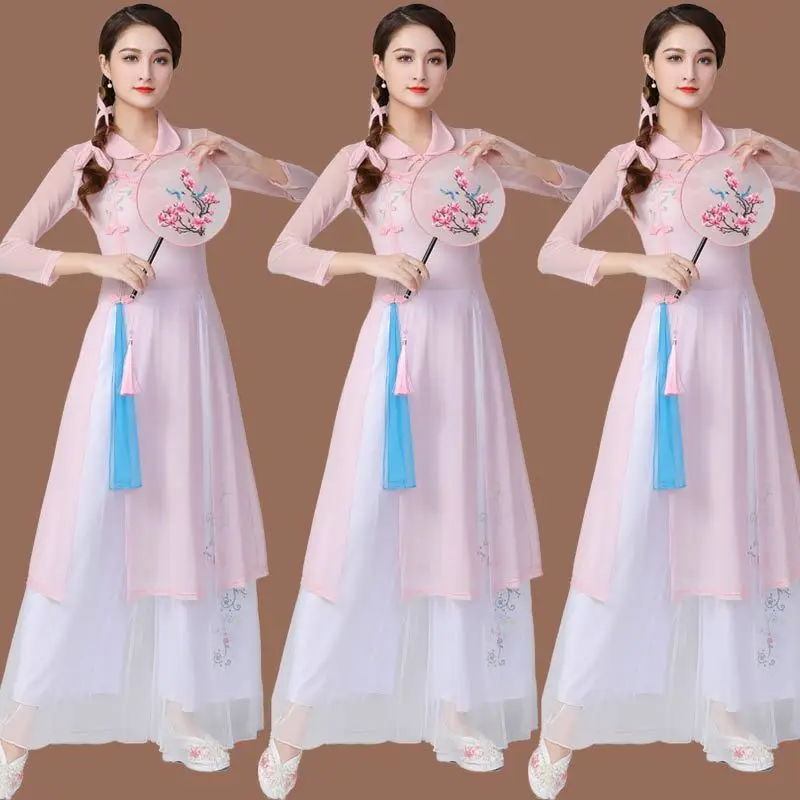 

Китайский классический танцевальный костюм Hanfu, новинка, эластичный сетчатый Комплект из трех предметов, веер для тела в западном стиле