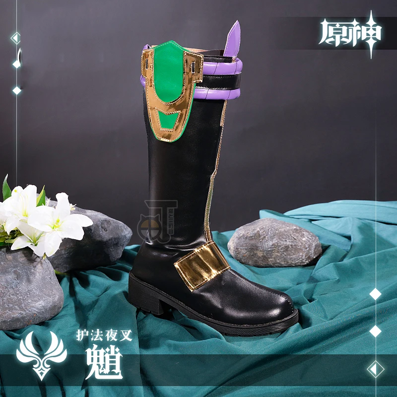게임 임팩트 샤오 미드 송아지 부츠, PU 가죽, 지퍼, 기사, 하이힐 부츠, 누..