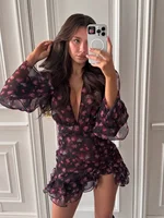 Robe Mini Chic à Volants Peinte à la Main avec Motifs Floraux pour Femmes, Manches Longues, Col en V Profond, Coupe Slim, Robes Trapèze, Robes de Vacances pour Femmes 2026 3