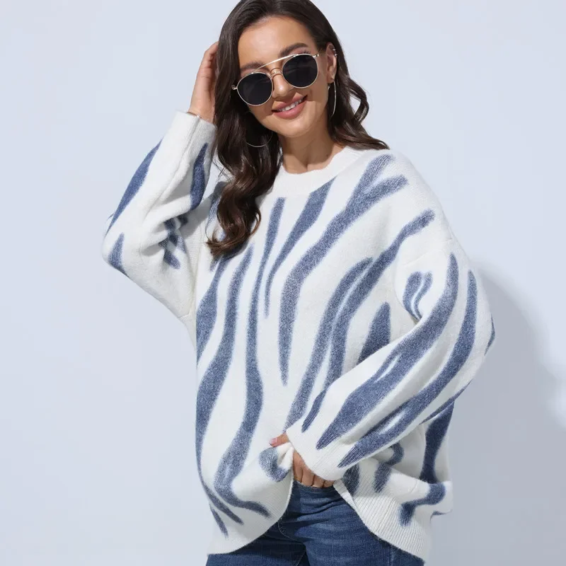 

Striped Printed Knitted Sweater Women O-neck Loose Leisure Long Pullovers Autumn Winter Chic Warm Casual Commute Knitted Jumpers