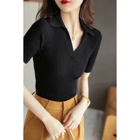 Women's Polo Shirts Slim Knitted Female Tee Plain T-shirts Korean Style Aesthetic Pulovers New Casual Tops Short Sleeve Luxury - Image 3