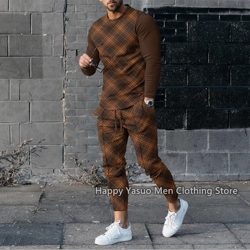 Plaid 3d Print Men's O-Neck Tracksuit Sets Casual Long Sleeve Pants 2pcs Sets Oversized Pullover Fashion Streetwear Men Clothing