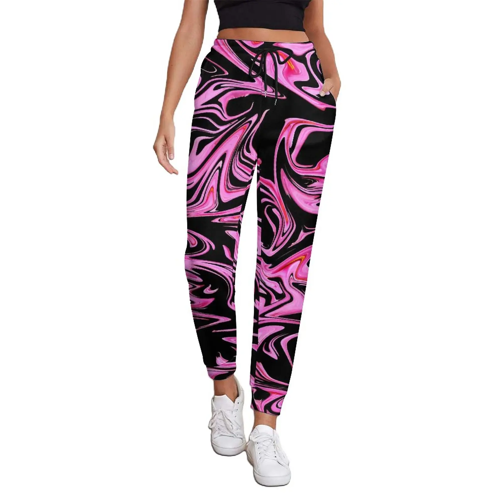 

Marble Jogger Pants Autumn Pink And Black Liquid Retro Joggers Women Streetwear Pattern Trousers Big Size