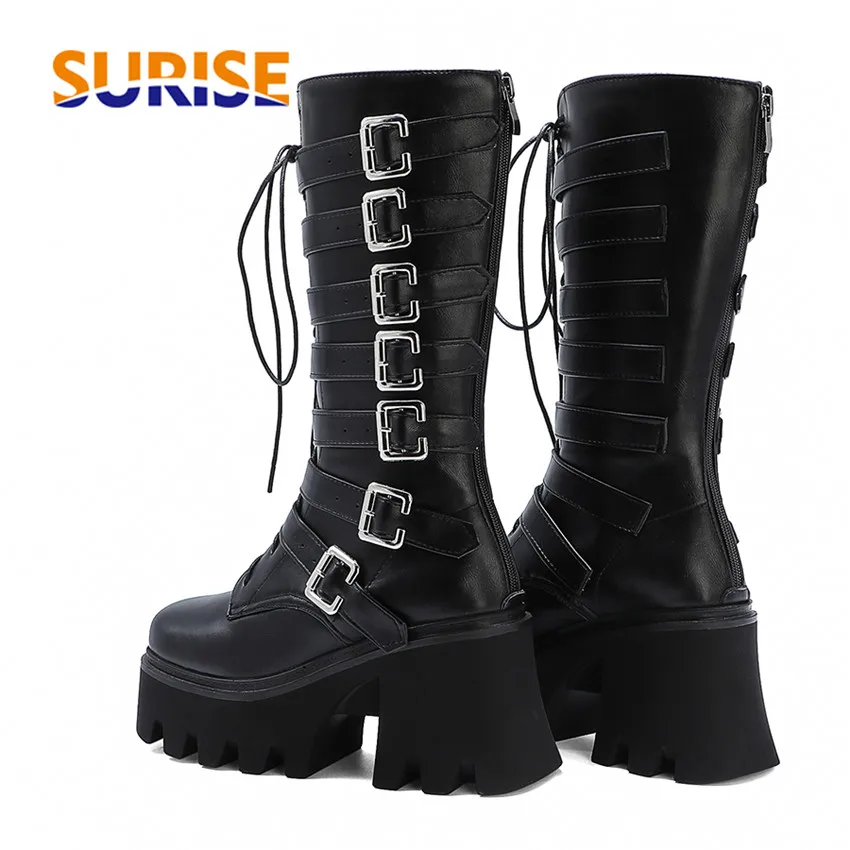 

Winter Plush Women Mid-calf Platform Boots Black High Thick Heels Casual Party Ladies Square Toe Buckle Zipper Combat Half Boots