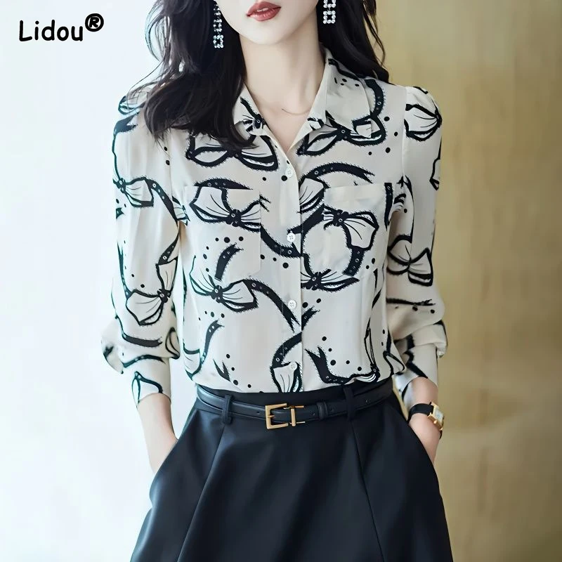 asymmetrical pockets button patchwork striped temperament pullovers straight loose women s clothing spring summer thin elegant Loose Turn-down Collar Printing Button Temperament Casual Blouses Thin Spring Summer Elegant Fashion Pockets Women's Clothing