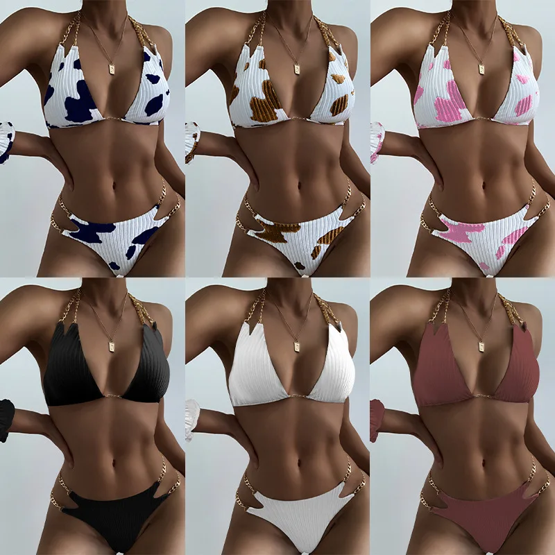 

European and American Printed Sexy Split Bikini Swimsuit Women's Three-Point Chain Bikini Swimsuit Women