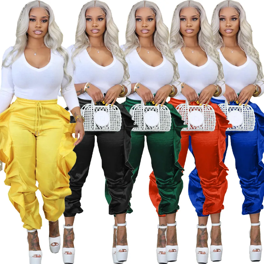 Women's Casual Trousers With Solid Color Wooden Ear Edge Women'S Casual Trousers Fashion Design High Waist Ruffled Edge Pants man sexy boxers breathable beach shorts ruffled edge sleeping wear silk underwear boy pants sport swimwear summer thin trousers