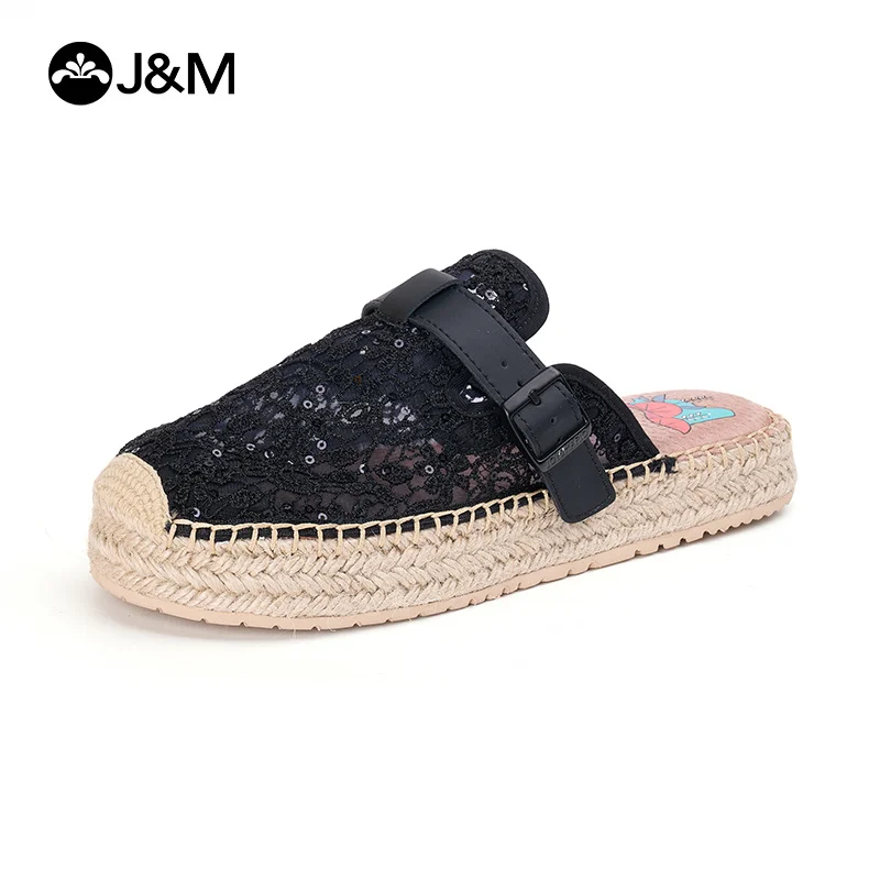 

J&M Women Mules Slippers Fashion Flower Lace Fisherman Shoes Espadrilles Casual Shoes Summer Lady Gril Slip-on Beach Sandals