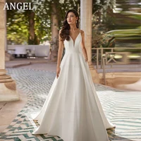 ANGEL Backless Satin Simple Wedding Dresses 2024 Sleeveless Spaghetti Strap A-Line V-Neck Bridal Gowns Button Vestidos de Novia 1