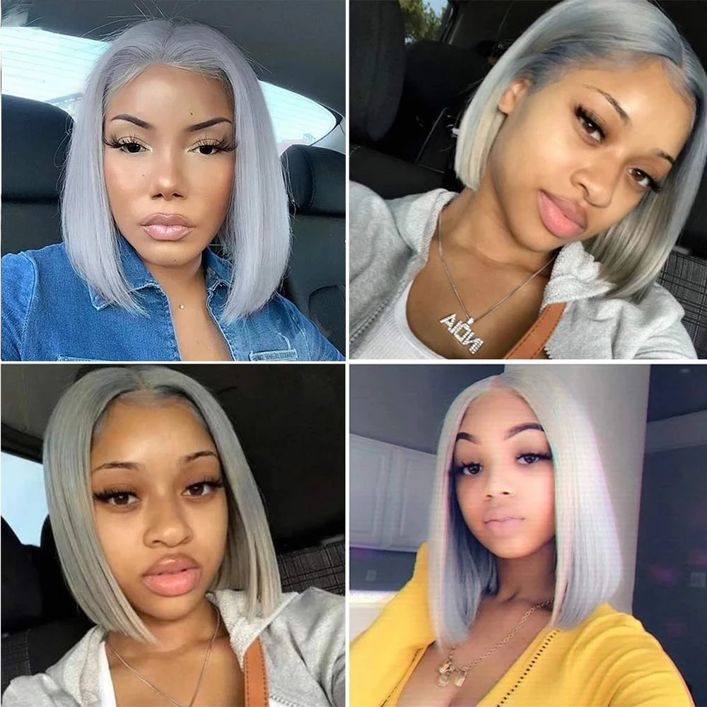 Silver Grey Short Bob Wig Human Hair Brazilian Straight Lace Front Wigs Pre Plucked For Women 13x4 Transparent Lace Frontal Wigs