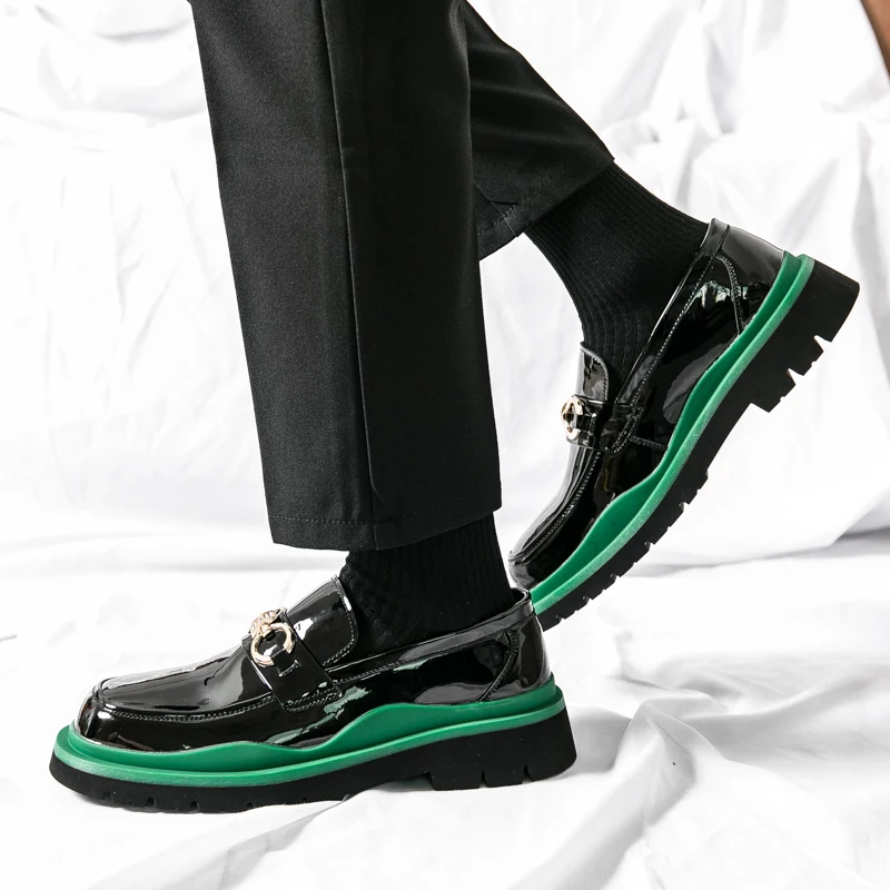 Men  New Lefu Leather Shoes Round Toe Lacquer Leather Thick Sole Wear resistant Metal Buckle Leather Shoes Black Size 38-44