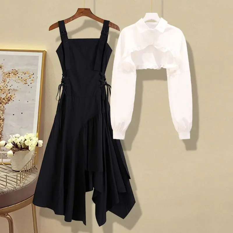 korean irregular shirt dress Senior Irregular Fashion Two Pieces Suits Long Sleeve White Shirt Dress  Korean – Porpop
