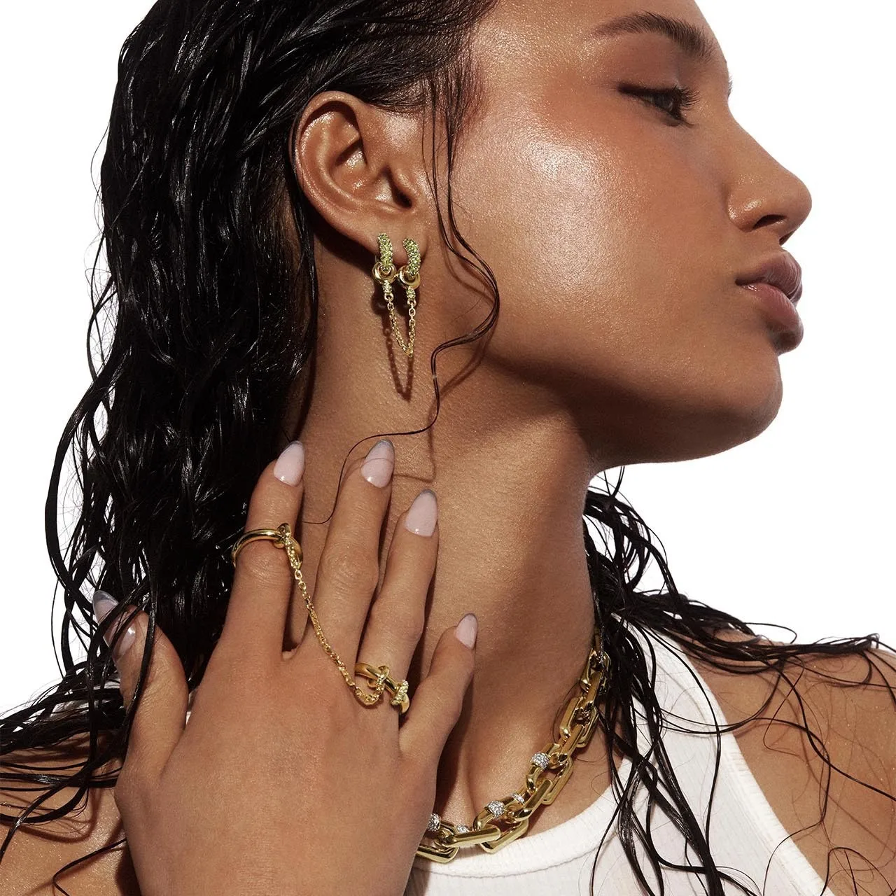 2026 Punk Double Circle Round Hoop Earrings 18K Gold Plated Two-color Metal Chain Green Zircon Huggies Ear Hoops Retro Jewelry