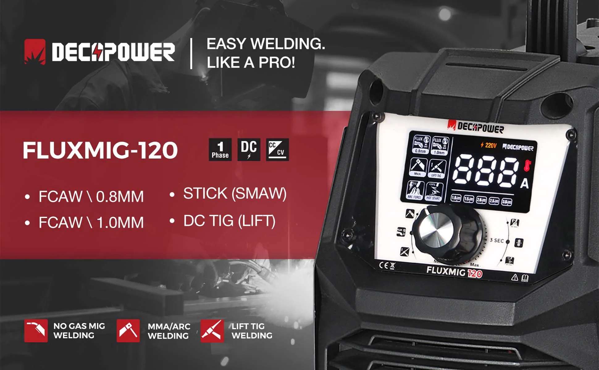 Decapower Fluxmig 120 No Gas Flux Mig Mma Lift Tig 3 In 1 Saldatrice Saldatrice Portatile Senza Gas Per Uso Domestico