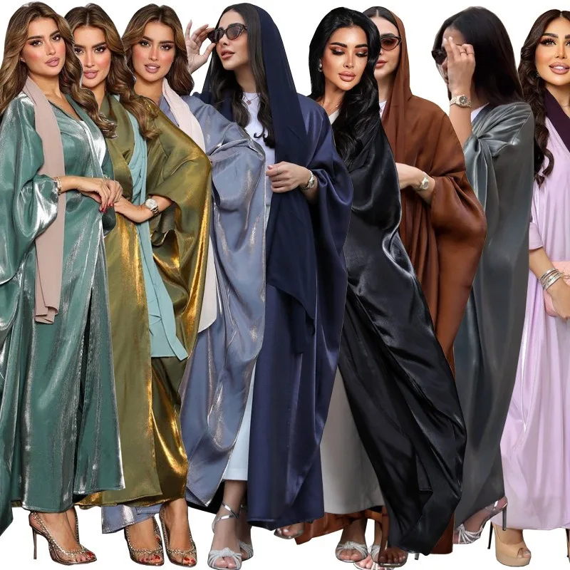 Muslim Fashion Satin Solid Color Batwing Sleeve Robe European and American plus Size Women's Clothes evening dresses