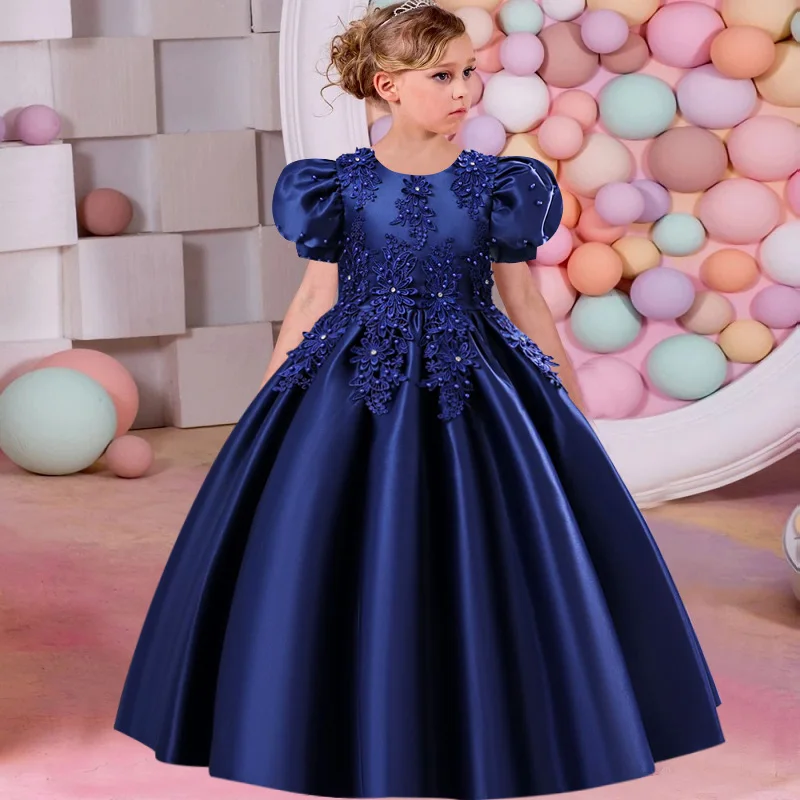 Girls' Satin Formal Wedding Beaded Bubble Sleeve Spinning Long Dress Princess Prom Party Evening Dress 3-10T