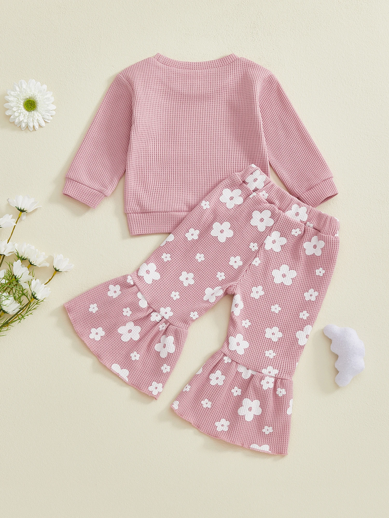 Toddler Girls 2-piece Set Floral Print Long Sleeve Pullover with Elastic Waist Flare Pants Autumn Clothing Ensemble