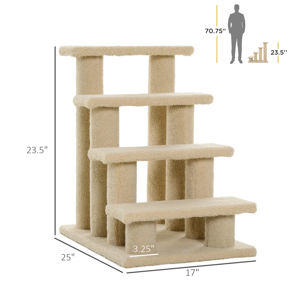 PawHut 25" 4-Step Multi-Level Carpeted Cat Scratching Post Pet Stairs Beige Large Cat Tree Kitten Apartment Scratch Able