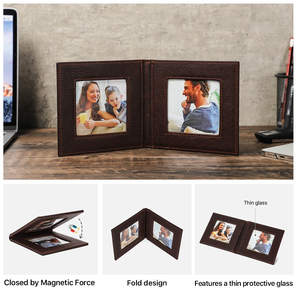 CONTACTS FAMILY Vintage Genuine Leather Desktop Picture Frame Children Family Lover Table Photo Frame