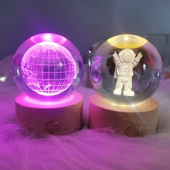 3D Luminous Crystal Ball Laser Engraved Glass Sphere Astronaut Space Galaxy Moon Crystal Craft Home Decor Creative Birthday Gift