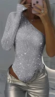 Fashion Sequins Hot Girl Bodysuit Women Sexy One Shoulder Tight Rhinestone Slim Fit Chic Bodysuit Lady Club Gala Sequin Top 2025 - Image 3