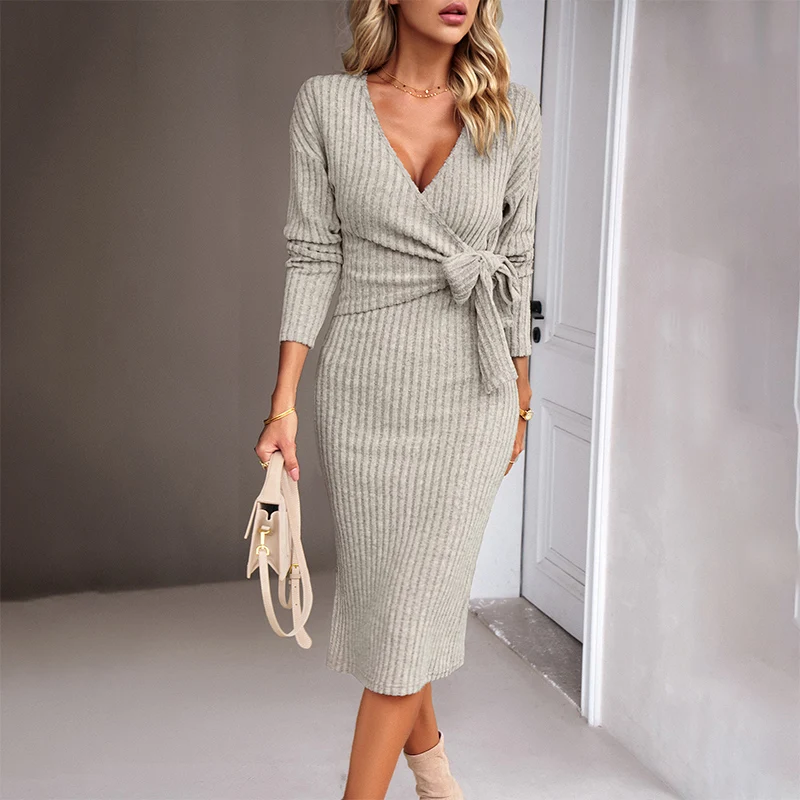 

Casual Autumn Women Dress Solid Color V-Neck Long Sleeved Bandage Split Knitted Office Lady Elegant Slim Dresses