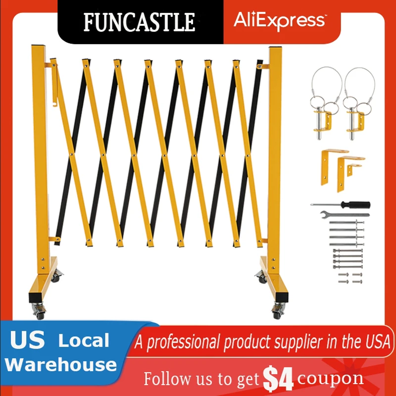 

11.5 Ft Traffic Expandable Mobile Barricade Yellow Safety Barricades Fence with Casters Industrial Metal Barricade for Hospital