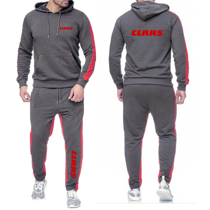 New Fashion Men Claas Tractor Agriculture Tracksuit Hoodie Solid Color Hooded Pullover+Pants Comfortable Casual Sportswear Sets 2