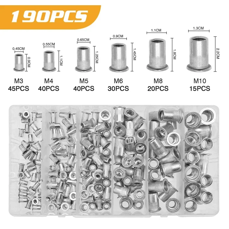 Aluminum Rivetnuts Blind Set Nutserts Threaded Insert Nuts 190/93pcs M3 M4 M5 M6 M8 M10