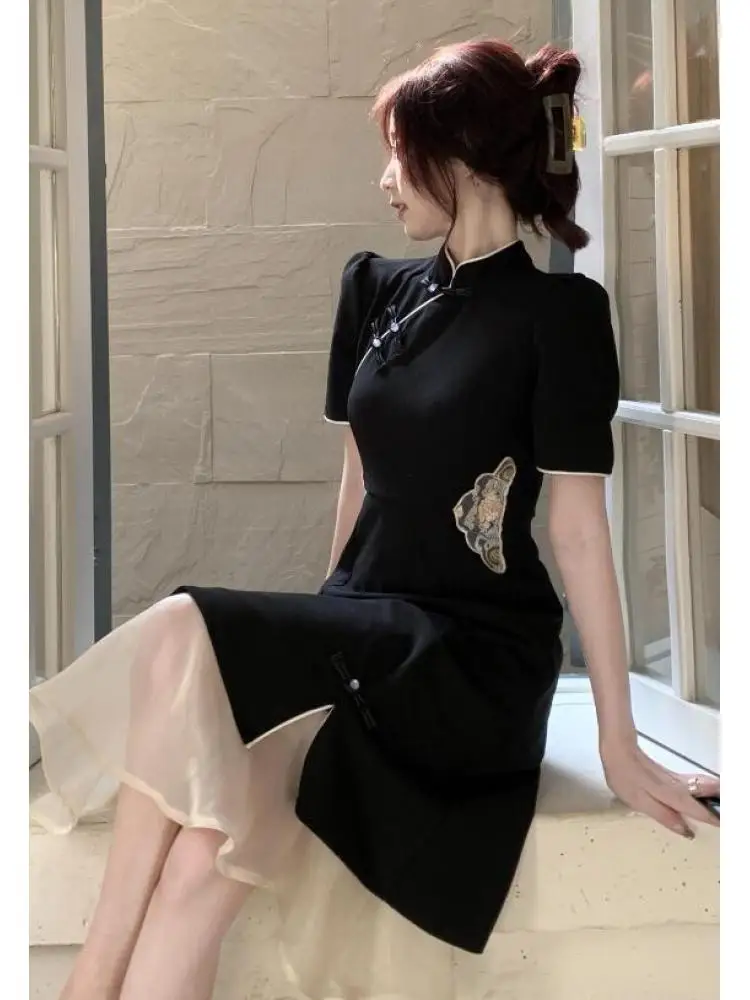 

Black Stand Collar Sheer Lace Glamorous Dress Women Summer French Style Design High Waist Black Flared Ladies Party Dresses