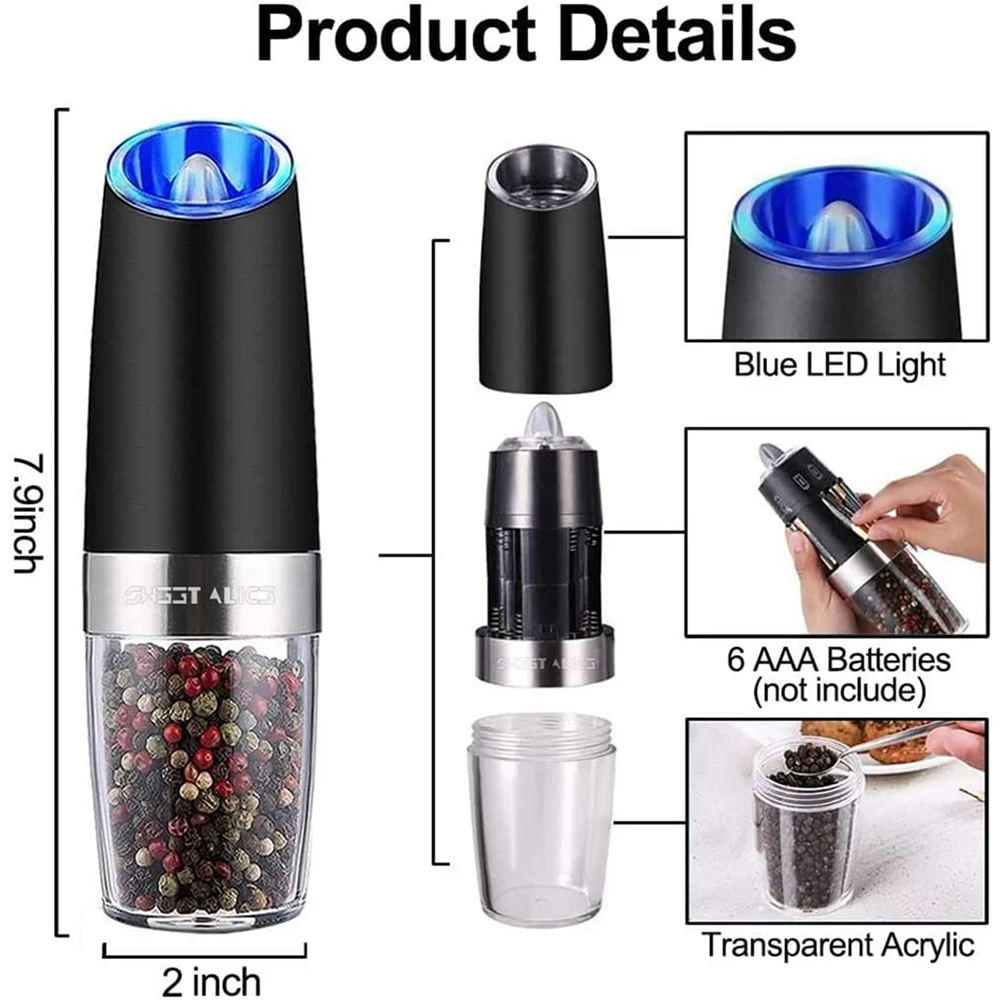 Automatic Salt and Pepper Grinder 2 pack, LED Blue Light, Adjust Coarseness  NEW