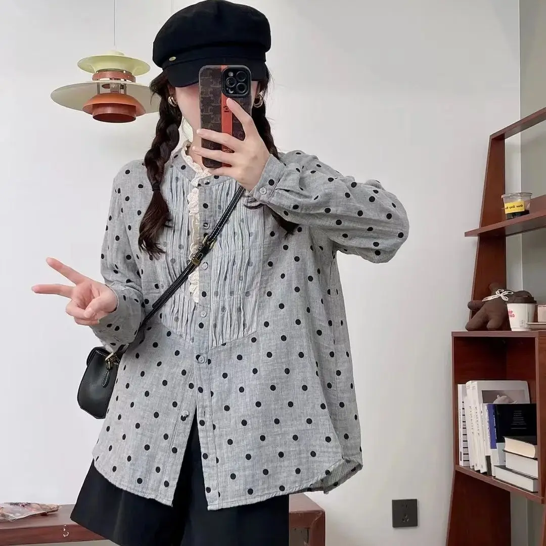 

100% Cotton Yarn Gray Polka Dots Blouses Mori Girls Laced Blouse Japan Style Fresh Blouses for Summer Woman Tops