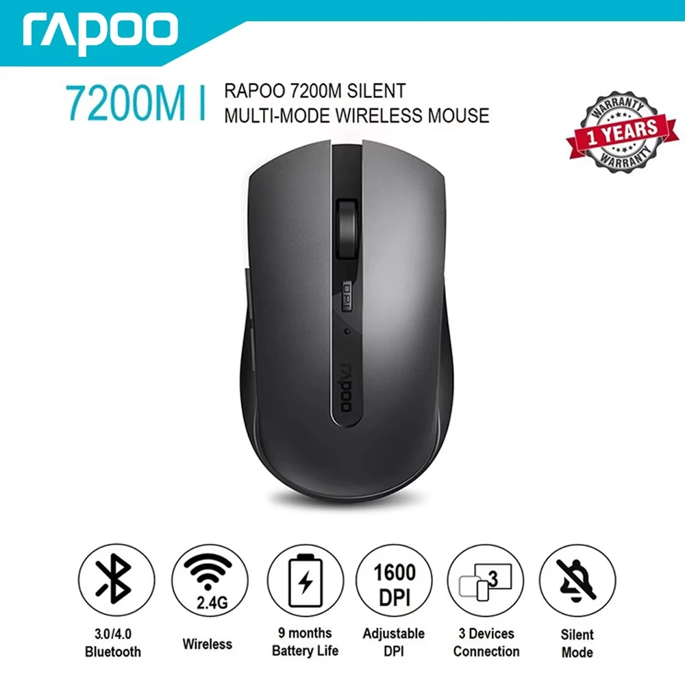 Wireless Mouse Rapoo 7200M Multi-Mode Wireless Mouse Noiseless Bluetooth Mouse 1600DPI Bluetooth 3.0/4.0 RF 2.4GHz for Three Devices Connect