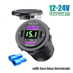Dual USB - C & USB - A Fast Charging Car Charger with Voltmeter (Green - terminals)