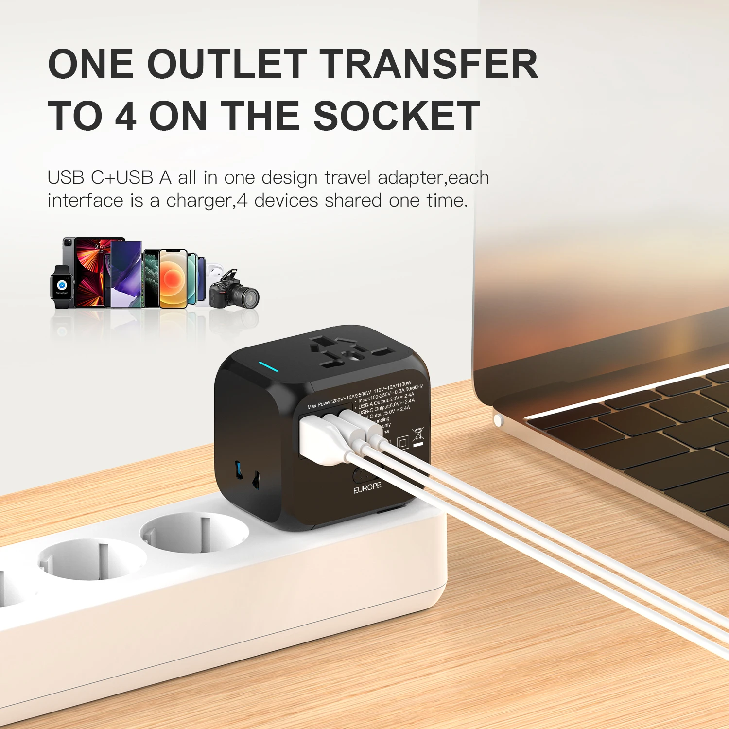 Universal Travel Charger with Dual USB & Type-C Ports - All-in-One Plug Adapter