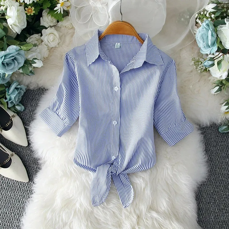 Casual White Blouse for Women Elegant Solid Short Sleeve Shirt Bow Belt Waist Office Lady Tops Summer Fashion Clothes 19870