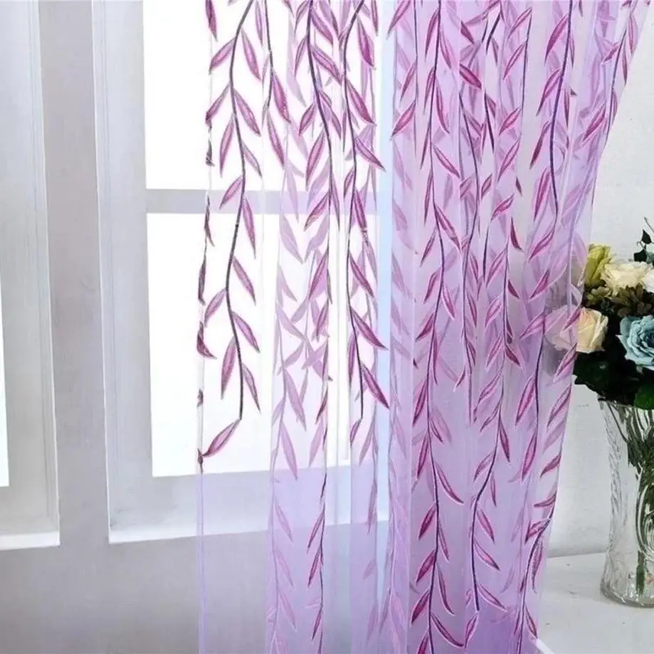 1 Pcs Cute Willow Leaf Curtains Pastoral Style Willow Floral Window Decorative Curtains For Bedroom Living Room Window Curtain