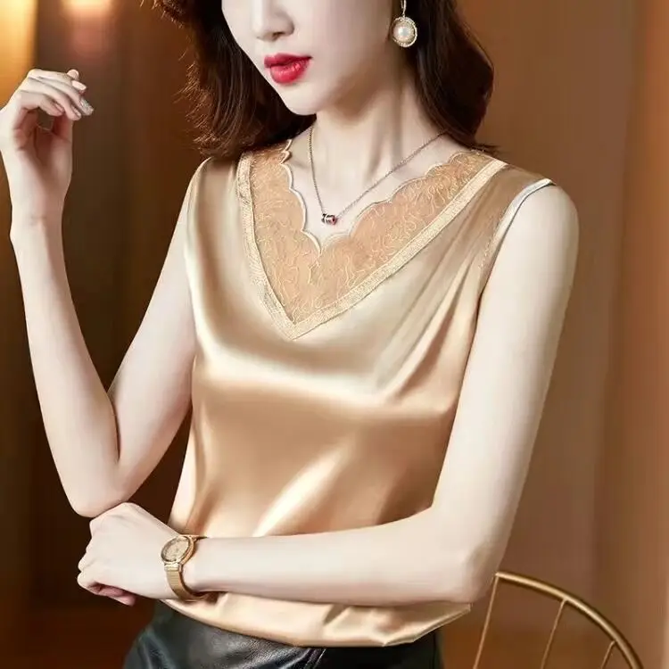 S91208218c57343c7afcd653b062342b6G Korean Silk Women Blouses Shirt Woman Satin Blouse Tops Women Satin Lace Embroidery Blouse Top Woman V-neck Printing Shirts Tops Mallzona