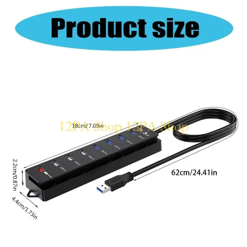 12PA USB 허브 8 포트 USB 허브 4x USB 3x USB 2.0 1x USB 충전 포트(개별 스위치 포함) PC용 전원 어댑터