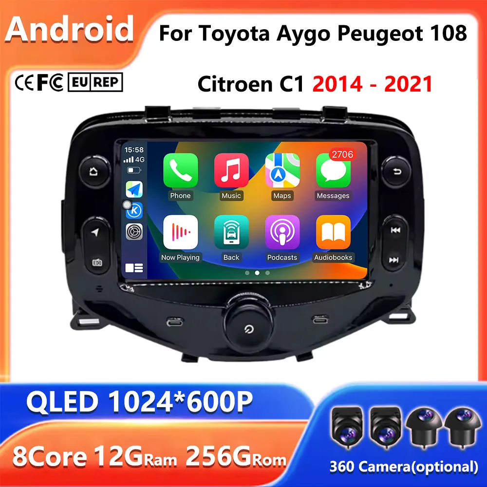 Autoradio Android 16 con Carplay, GPS, DSP per Toyota Aygo, Peugeot 108, Citroen C1 2014-2021, Lettore Multimediale