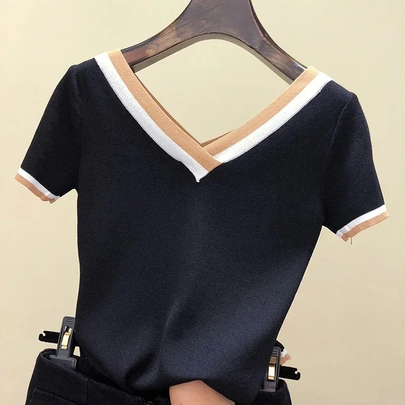 Women's Thin Knitted T-Shirts, Korean Fashion, Contrast Color Tees, Short Sleeve Tops, Slim Fit Tshirt, Summer Clothes, 13362